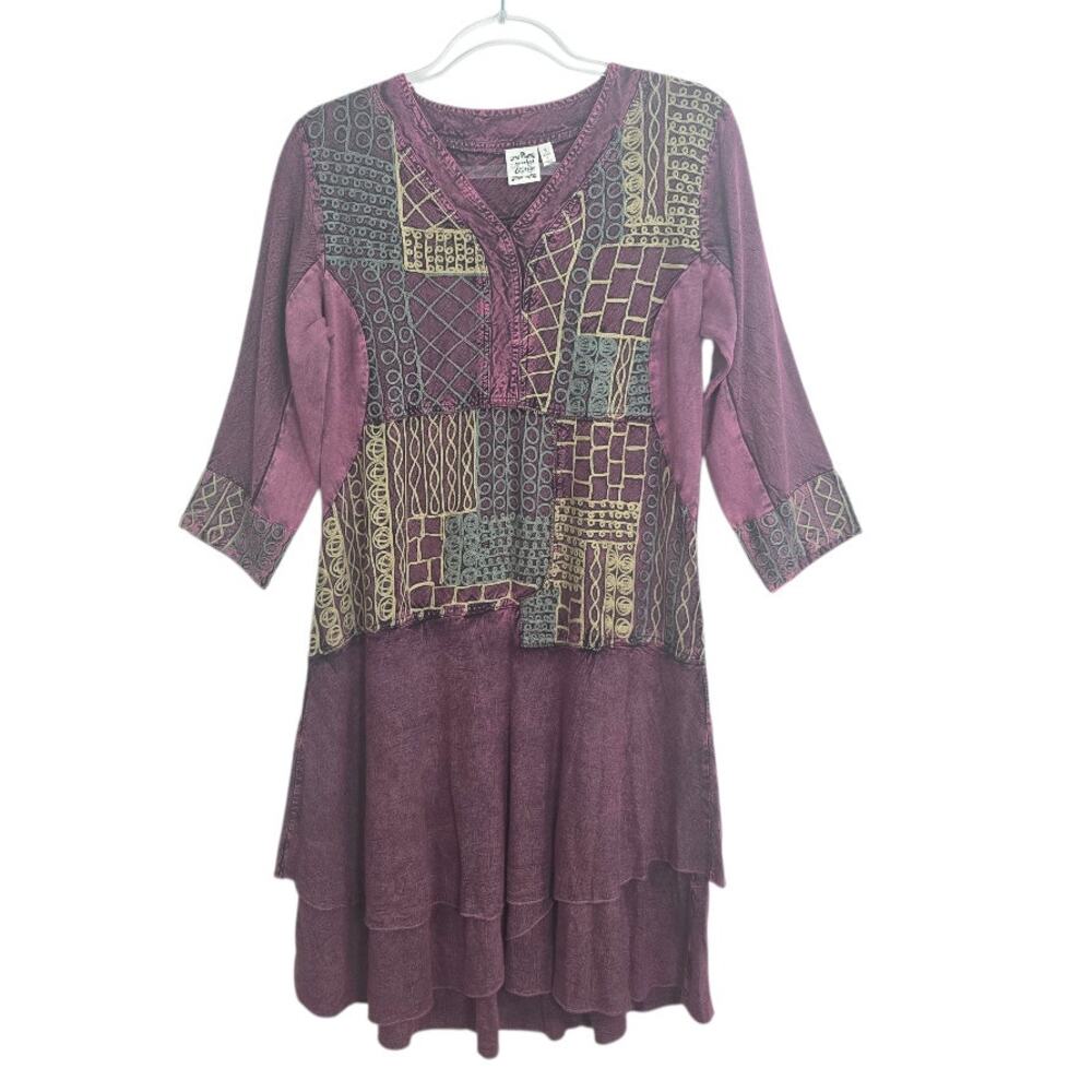 Parsley & Sage Boho Embroidered Tiered Midi Dress Crinkle Print Small